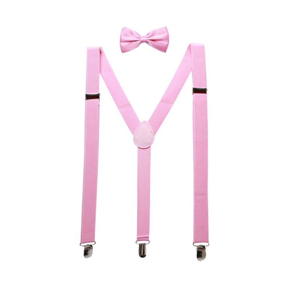 Elastic Adjustable Shoulder Strap Y Shaped Bow Tie and Suspenders Set Pink